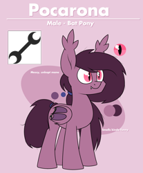 Size: 1644x1990 | Tagged: safe, artist:moonatik, imported from derpibooru, oc, oc:pocarona, bat pony, pony, bat pony oc, bat wings, cutie mark, male, reference sheet, solo, stallion, text, wings