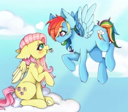 Size: 2350x2048 | Tagged: safe, artist:kittygutzzart, imported from derpibooru, fluttershy, rainbow dash, pegasus, pony, blushing, cloud, duo, female, flower, flower in mouth, flutterdash, flying, heart, heart eyes, lesbian, looking at each other, looking at someone, mare, mouth hold, on a cloud, shipping, sitting, sitting on a cloud, sky, wingding eyes