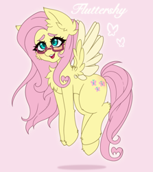 Size: 1823x2045 | Tagged: safe, artist:kittygutzzart, imported from derpibooru, fluttershy, pegasus, pony, blushing, chest fluff, cute, female, flying, glasses, heart, heart eyes, mare, open mouth, open smile, pink background, shyabetes, simple background, smiling, solo, spread wings, wingding eyes, wings