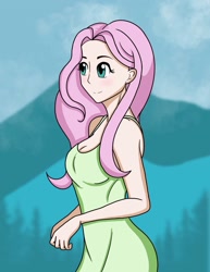 Size: 1275x1650 | Tagged: safe, artist:breezybl97, imported from derpibooru, fluttershy, human, blushing, clothes, cute, dress, female, humanized, shyabetes, solo, tree