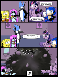 Size: 7500x10000 | Tagged: safe, artist:chedx, imported from derpibooru, twilight sparkle, alicorn, comic:learning with pibby glitch battles, comic, commission, crossover, explosion, mordecai, pibby, regular show, sonic the hedgehog, sonic the hedgehog (series), spongebob squarepants, twilight sparkle (alicorn)