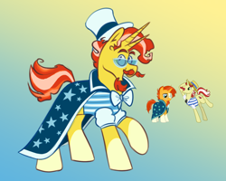 Size: 1280x1024 | Tagged: safe, artist:msponies, imported from derpibooru, flam, sunburst, pony, unicorn, chin fluff, facial hair, fusion, fusion:flam, fusion:sunburst, gradient background, hat, horn, moustache, multiple horns, solo, top hat