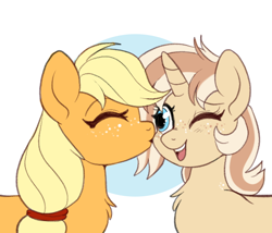 Size: 600x514 | Tagged: safe, artist:lulubell, imported from derpibooru, applejack, oc, oc:lulubell, earth pony, pony, unicorn, canon x oc, cheek kiss, duo, freckles, horn, kissing, open mouth, open smile, shipping, smiling, unicorn oc