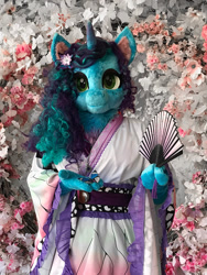 Size: 902x1200 | Tagged: safe, artist:essorille, imported from derpibooru, anthro, unicorn, beautiful, clothes, fan, fursuit, g5, hand fan, kimono (clothing), misty brightdawn, solo