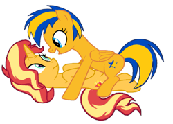 Size: 1057x756 | Tagged: safe, artist:mlpfan3991, imported from derpibooru, sunset shimmer, oc, oc:flare spark, pegasus, pony, unicorn, female, mare, simple background, smiling, transparent background