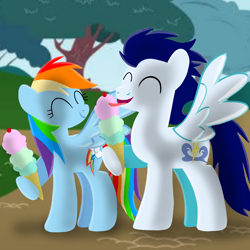 Size: 1400x1400 | Tagged: safe, artist:mlplary6, imported from derpibooru, rainbow dash, soarin', pegasus, pony, ^^, duo, eating, eyes closed, female, food, ice cream, ice cream cone, male, mare, shipping, smiling, soarindash, stallion, straight