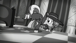 Size: 600x338 | Tagged: safe, artist:noikincade67, imported from derpibooru, sunset shimmer, unicorn, rarity investigates, black and white, clothes, detective, detective shimmer, fedora, grayscale, hat, magnifying glass, monochrome, noir, solo, trenchcoat