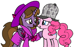 Size: 587x375 | Tagged: safe, artist:noikincade67, imported from derpibooru, pinkie pie, oc, oc:princess kincade, alicorn, earth pony, pony, clothes, deerstalker, detective, duo, duo female, fedora, female, hat, sherlock pie, simple background, transparent background, trenchcoat