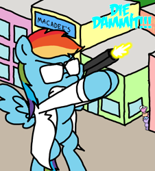 Size: 3023x3351 | Tagged: safe, artist:professorventurer, imported from derpibooru, rainbow dash, oc, pegasus, pony, unicorn, fanfic:rainbow factory, series:ask pippamena, fanfic art, gunshot, rainbow factory dash, shot, solo focus, vulgar