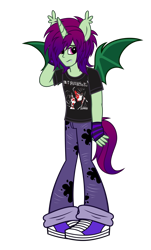 Size: 2050x3388 | Tagged: safe, artist:mxmx fw, imported from derpibooru, oc, oc:midnight ray, human, equestria girls, bat wings, clothes, converse, denim, distressed, ear fluff, emo, equestria girls 10th anniversary, eyeliner, fangs, frown, gloves, hair over one eye, horn, horned humanization, humanized, jeans, makeup, male, my chemical romance, paint, paint splatter, pants, ponied up, sad, shirt, shoes, show accurate, shy, simple background, solo, spread wings, tail, transparent background, wings