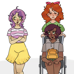 Size: 1280x1280 | Tagged: safe, artist:ghostbbee, imported from derpibooru, apple bloom, scootaloo, sweetie belle, human, blackwashing, clothes, cutie mark crusaders, dark skin, disabled, female, freckles, humanized, simple background, skirt, smiling, trio, wheelchair, white background