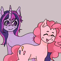 Size: 1280x1280 | Tagged: safe, artist:ghostbbee, imported from derpibooru, pinkie pie, twilight sparkle, earth pony, pony, unicorn, duo, eyes closed, female, glasses, lesbian, shipping, simple background, smiling, twinkie, unicorn twilight