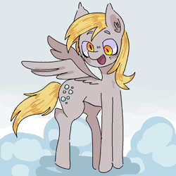 Size: 1280x1280 | Tagged: safe, artist:ghostbbee, imported from derpibooru, derpy hooves, pegasus, pony, cloud, open mouth, simple background, smiling, solo, spread wings, standing, white background, wings