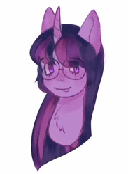 Size: 714x974 | Tagged: safe, artist:ghostbbee, imported from derpibooru, twilight sparkle, pony, unicorn, bust, chest fluff, glasses, simple background, solo, white background