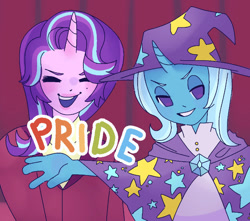 Size: 750x664 | Tagged: safe, artist:ghostbbee, imported from derpibooru, starlight glimmer, trixie, anthro, unicorn, bust, cape, clothes, duo, eyes closed, hat, open mouth, pride, pride month, smiling, text, wizard hat