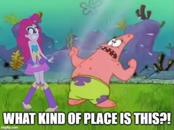 Size: 578x432 | Tagged: safe, artist:smbros, imported from derpibooru, pinkie pie, human, equestria girls, caption, crossover, image macro, meme, patrick star, spongebob squarepants, text