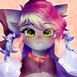 Size: 700x700 | Tagged: safe, artist:mas_on_, imported from derpibooru, oc, oc only, oc:blazey sketch, human, pony, blushing, bow, cheek squish, clothes, collar, hair bow, human on pony petting, multicolored hair, pet collar, petting, pony pet, simple background, solo, squishy cheeks, sweater