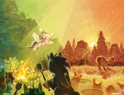 Size: 2668x2040 | Tagged: safe, artist:lightningstar1389, edit, idw, imported from derpibooru, pipp petals, zipp storm, earth pony, pegasus, pony, unicorn, camp bighoof, campfire, comic, comic cover, eyes closed, female, flying, food, g5, jewelry, mare, marshmallow, official, official comic, open mouth, open smile, ponified, smiling, sonic the hedgehog, sonic the hedgehog (series), wings