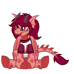 Size: 2045x2045 | Tagged: safe, artist:mxmx fw, imported from derpibooru, spike, oc, oc only, oc:flare blaze, dracony, dragon, hybrid, pony, barb, claws, clothes, fangs, female, folded wings, happy, horns, mare, rule 63, shirt, show accurate, simple background, sitting, smiling, solo, spikes, transparent background, wings