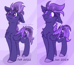 Size: 1152x1024 | Tagged: safe, artist:shad0w-galaxy, imported from derpibooru, oc, oc only, oc:shadow galaxy, pegasus, pony, blushing, cheek fluff, chest fluff, cute, ear fluff, ethereal mane, floppy ears, fluffy, folded wings, hooves, pegasus oc, redraw, simple background, smiling, solo, starry mane, starry tail, style comparison, tail, unshorn fetlocks, wing fluff, wings
