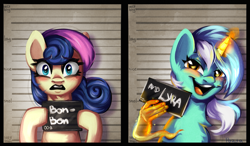 Size: 3035x1774 | Tagged: safe, artist:pozya1007, imported from derpibooru, bon bon, lyra heartstrings, sweetie drops, earth pony, pony, unicorn, barbie mugshot meme, duo, female, glowing, glowing horn, hand, horn, l.u.l.s., lesbian, looking at you, lyrabon, magic, magic hands, meme, mugshot, shipping, smiling, that pony sure does love hands