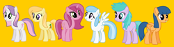 Size: 1838x497 | Tagged: safe, artist:frozengembases, artist:sillylittleprincess, imported from derpibooru, cotton cloudy, first base, noi, ruby pinch, sweetie belle, earth pony, pegasus, pony, unicorn, adorabase, alternate mane six, aura (g4), aurabetes, bad hair, bad hair day, base used, cottonbetes, cute, diasweetes, female, g4, mare, noiabetes, older, older aura (g4), older cotton cloudy, older first base, older noi, older ruby pinch, older sweetie belle, pegasus first base, pinchybetes, race swap, rule 63, simple background, smiling, yellow background