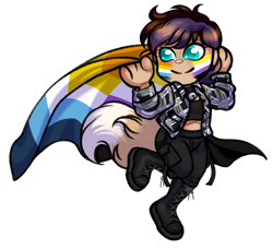 Size: 2162x1978 | Tagged: safe, artist:malinraf1615, imported from derpibooru, oc, oc:rose, human, aroace, aroace pride flag, boots, chibi, clothes, collar, commission, cute, denim, ear piercing, earring, face paint, flannel, freckles, humanized, humanized oc, jeans, jewelry, midriff, nonbinary, nonbinary pride flag, pants, piercing, pride, pride flag, pride month, shirt, shoes, simple background, solo, sports bra, tail, tailed humanization, transparent background, ych result