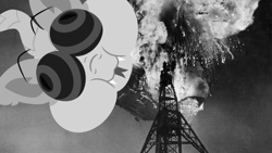 Size: 1600x900 | Tagged: artist needed, safe, imported from derpibooru, oc, oc:smiley, airship, blimp, explosion, grayscale, hindenburg, hindenburg disaster, monochrome, solo, zeppelin