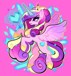 Size: 1929x2048 | Tagged: safe, artist:necromeowncer, imported from derpibooru, princess cadance, pony, crystal, crystal heart, glowing, glowing horn, hair bun, horn, jewelry, lidded eyes, looking forward, open mouth, pink background, rearing, regalia, simple background, solo, spread wings, wings