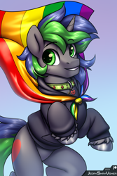 Size: 2000x3000 | Tagged: safe, artist:jedayskayvoker, imported from derpibooru, oc, oc:sparky starfall, pony, unicorn, bust, cape, clothes, collar, cute, gradient background, green eyes, halfbody, hoodie, horn, lgbt, long mane, long mane male, looking at you, male, portrait, pride, pride flag, pride month, raised eyebrows, smiling, smiling at you, solo, stallion, unicorn oc, unshorn fetlocks