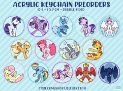 Size: 4093x3031 | Tagged: safe, artist:jellysketch, imported from derpibooru, applejack, big macintosh, derpy hooves, fluttershy, pinkie pie, princess cadance, princess celestia, princess luna, rainbow dash, rarity, starlight glimmer, trixie, twilight sparkle, alicorn, earth pony, pegasus, pony, unicorn, alicornified, keychain, merchandise, princess big mac, promotional art, race swap, sunset, twilight sparkle (alicorn)