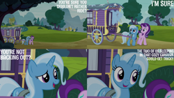 Size: 2000x1125 | Tagged: safe, edit, edited screencap, editor:quoterific, imported from derpibooru, screencap, starlight glimmer, trixie, road to friendship, trixie's wagon, wagon