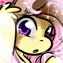 Size: 1050x1050 | Tagged: safe, artist:xizana, imported from derpibooru, fluttershy, pegasus, pony, blushing, bust, colored hooves, furry to pony, looking at you, open mouth, portrait, solo, transformation