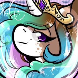 Size: 1050x1050 | Tagged: safe, artist:xizana, imported from derpibooru, princess celestia, pony, bust, furry to pony, portrait, smiling, smirk, solo, transformation