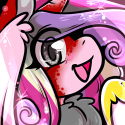 Size: 1050x1050 | Tagged: safe, artist:xizana, imported from derpibooru, princess cadance, alicorn, pony, blushing, bust, eye clipping through hair, furry to pony, looking at you, open mouth, open smile, portrait, smiling, solo, transformation