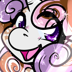 Size: 1050x1050 | Tagged: safe, artist:xizana, imported from derpibooru, sweetie belle, pony, blushing, bust, eye clipping through hair, furry to pony, looking at you, open mouth, open smile, portrait, smiling, solo, transformation