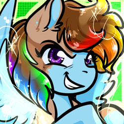 Size: 1050x1050 | Tagged: safe, artist:xizana, imported from derpibooru, rainbow dash, pegasus, pony, bust, furry to pony, grin, looking at you, portrait, smiling, solo, transformation