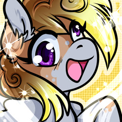 Size: 1050x1050 | Tagged: safe, artist:xizana, imported from derpibooru, derpy hooves, pegasus, pony, bust, furry to pony, open mouth, open smile, portrait, smiling, solo, transformation