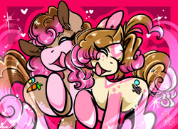 Size: 2251x1637 | Tagged: safe, artist:xizana, imported from derpibooru, pinkie pie, oc, earth pony, pony, colored hooves, duo, eye clipping through hair, eyes closed, furry to pony, open mouth, open smile, side hug, smiling, transformation, transformation sequence