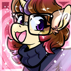 Size: 1050x1050 | Tagged: safe, artist:xizana, imported from derpibooru, moondancer, pony, unicorn, bust, clothes, furry to pony, glasses, open mouth, open smile, smiling, solo, sweater, transformation