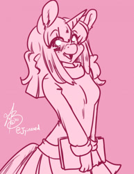 Size: 1687x2184 | Tagged: safe, artist:xizana, imported from derpibooru, oc, oc only, anthro, unicorn, blushing, book, clothes, eye clipping through hair, female, long sleeves, monochrome, open mouth, open smile, skirt, smiling, solo