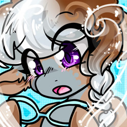 Size: 1400x1400 | Tagged: safe, artist:xizana, imported from derpibooru, silver spoon, pony, blushing, bust, eye clipping through hair, furry to pony, glasses, holding, open mouth, portrait, shocked, solo, transformation