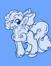 Size: 1687x2184 | Tagged: safe, artist:xizana, imported from derpibooru, oc, oc only, earth pony, pony, blank flank, bow, curly mane, eye clipping through hair, female, hair bow, monochrome, open mouth, open smile, smiling, solo, unshorn fetlocks