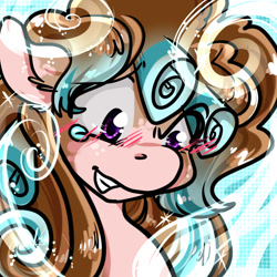 Size: 1400x1400 | Tagged: safe, artist:xizana, imported from derpibooru, cozy glow, pony, blushing, bust, eye clipping through hair, furry to pony, grin, gritted teeth, portrait, smiling, solo, teary eyes, teeth, transformation