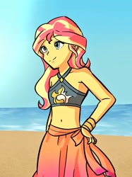 Size: 764x1024 | Tagged: safe, artist:sugarcube269, imported from derpibooru, sunset shimmer, human, equestria girls, equestria girls series, beach, belly button, clothes, female, ocean, sarong, solo, swimsuit, water