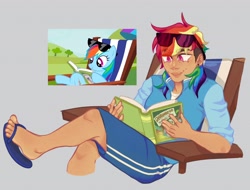 Size: 2048x1560 | Tagged: safe, artist:dum0rii, imported from derpibooru, screencap, rainbow dash, human, female, gray background, humanized, reading, scene interpretation, simple background, solo