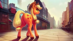 Size: 2562x1438 | Tagged: safe, imported from derpibooru, applejack, earth pony, ai content, ai generated, applejack's hat, building, butt, city, cowboy hat, female, generator:pony diffusion v4, generator:stable diffusion, hat, looking at you, looking back, looking back at you, mare, prompter:siber, skyscraper, smiling, smiling at you, solo, street