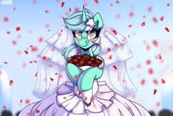 Size: 3375x2250 | Tagged: safe, artist:shadowreindeer, imported from derpibooru, lyra heartstrings, pony, unicorn, clothes, dress, high res, looking at you, marriage, solo, wedding, wedding dress