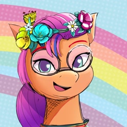 Size: 2048x2048 | Tagged: safe, artist:nari_artsz, imported from derpibooru, sunny starscout, earth pony, pony, female, flower, flower in hair, g5, glasses, solo