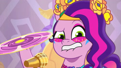 Size: 3072x1727 | Tagged: safe, imported from derpibooru, screencap, pipp petals, pegasus, pony, spoiler:g5, spoiler:my little pony: tell your tale, spoiler:tyts01e55, bridlewoodstock (tell your tale), eyebrows, female, g5, hair dryer, lip bite, mare, microphone, my little pony: tell your tale, raised eyebrow, solo